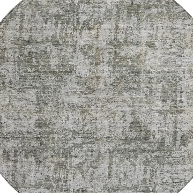 8' Pewter And Ivory Round Abstract Washable Indoor Outdoor Area Rug