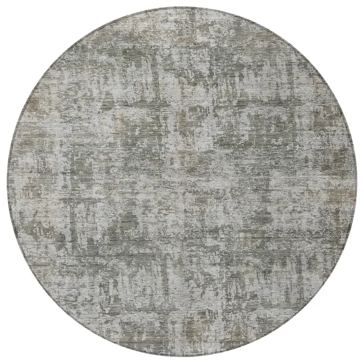 8' Pewter And Ivory Round Abstract Washable Indoor Outdoor Area Rug