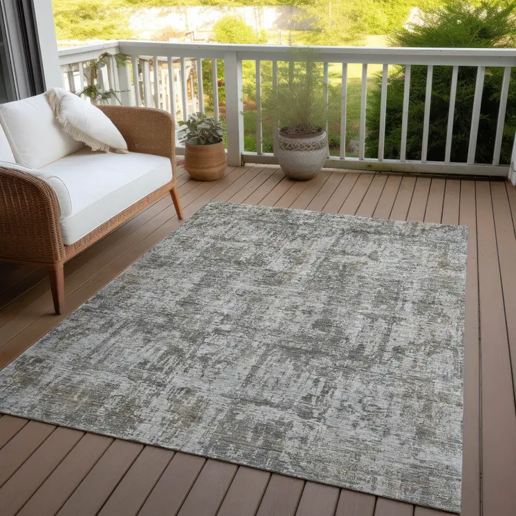 8' X 10' Pewter And Ivory Abstract Washable Indoor Outdoor Area Rug