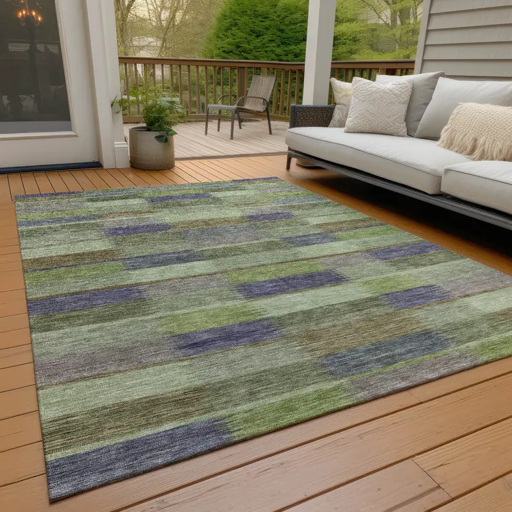 3' X 5' Artichoke Green Purple And Mint Green Striped Washable Indoor Outdoor Area Rug