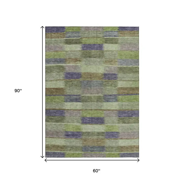 5' X 8' Artichoke Green Purple And Mint Green Striped Washable Indoor Outdoor Area Rug