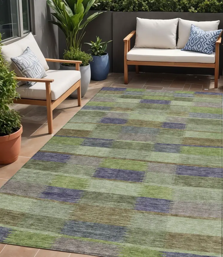 5' X 8' Artichoke Green Purple And Mint Green Striped Washable Indoor Outdoor Area Rug