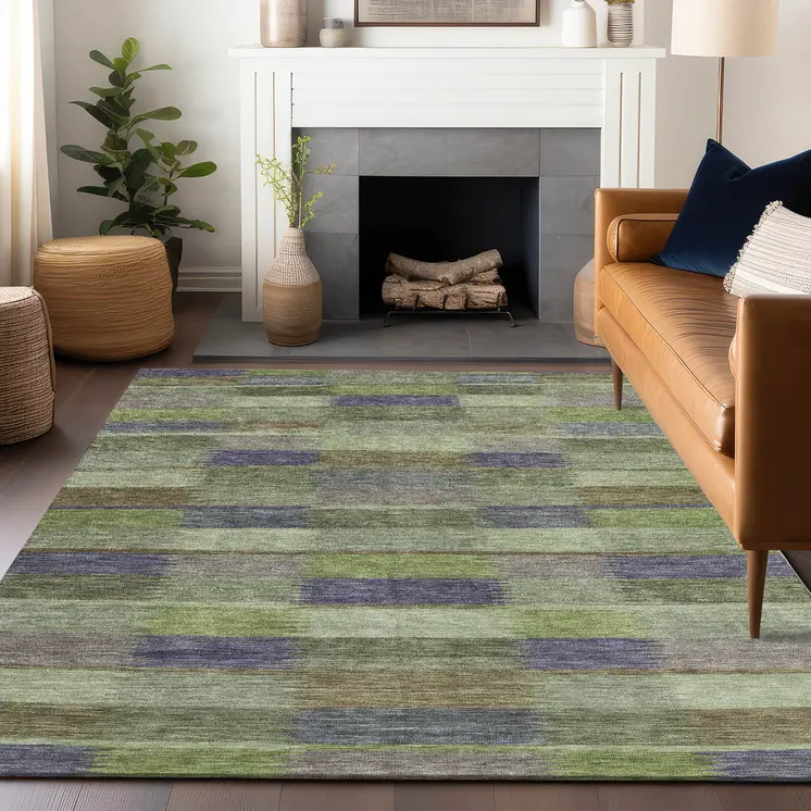 5' X 8' Artichoke Green Purple And Mint Green Striped Washable Indoor Outdoor Area Rug