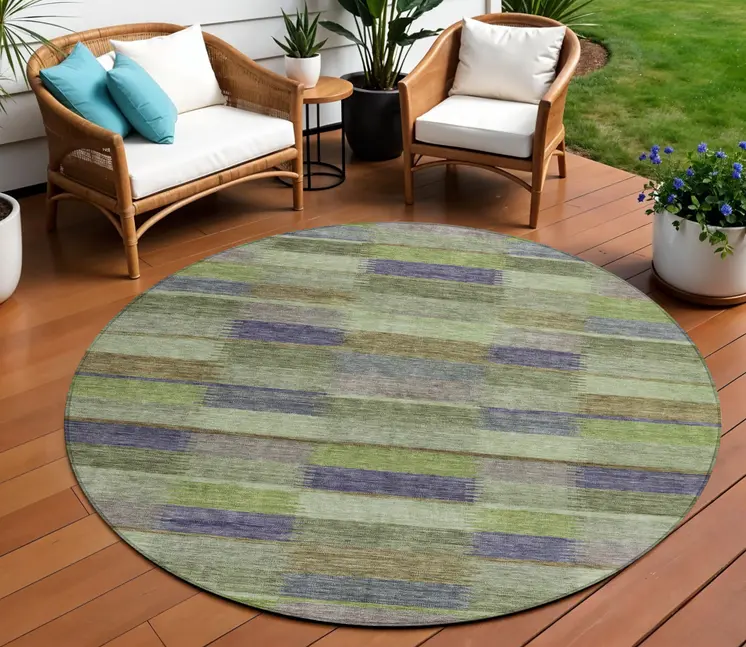 8' Artichoke Green Purple And Mint Green Round Striped Washable Indoor Outdoor Area Rug