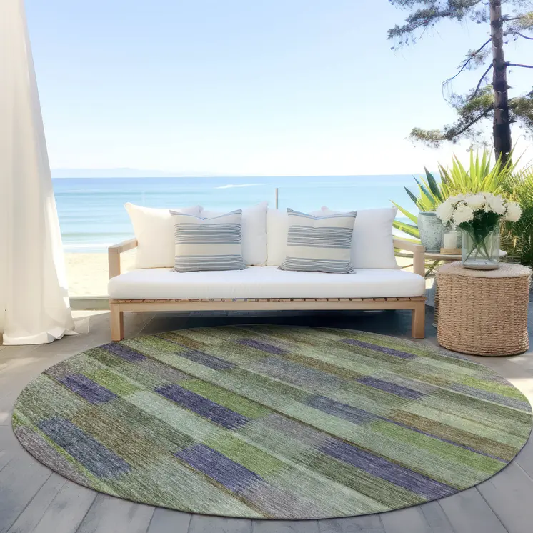 8' Artichoke Green Purple And Mint Green Round Striped Washable Indoor Outdoor Area Rug