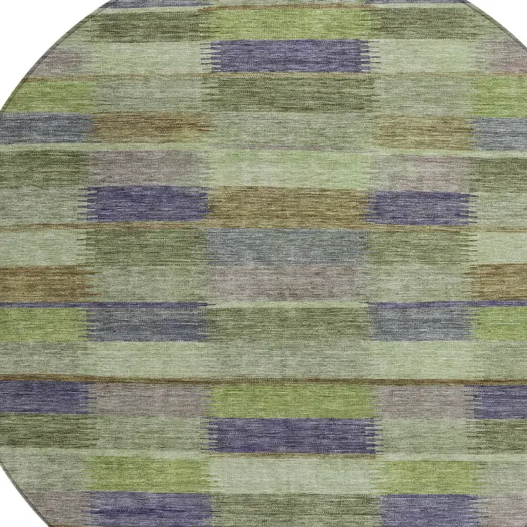 8' Artichoke Green Purple And Mint Green Round Striped Washable Indoor Outdoor Area Rug