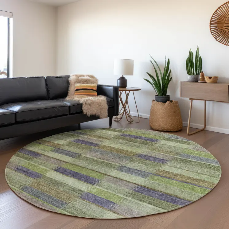 8' Artichoke Green Purple And Mint Green Round Striped Washable Indoor Outdoor Area Rug