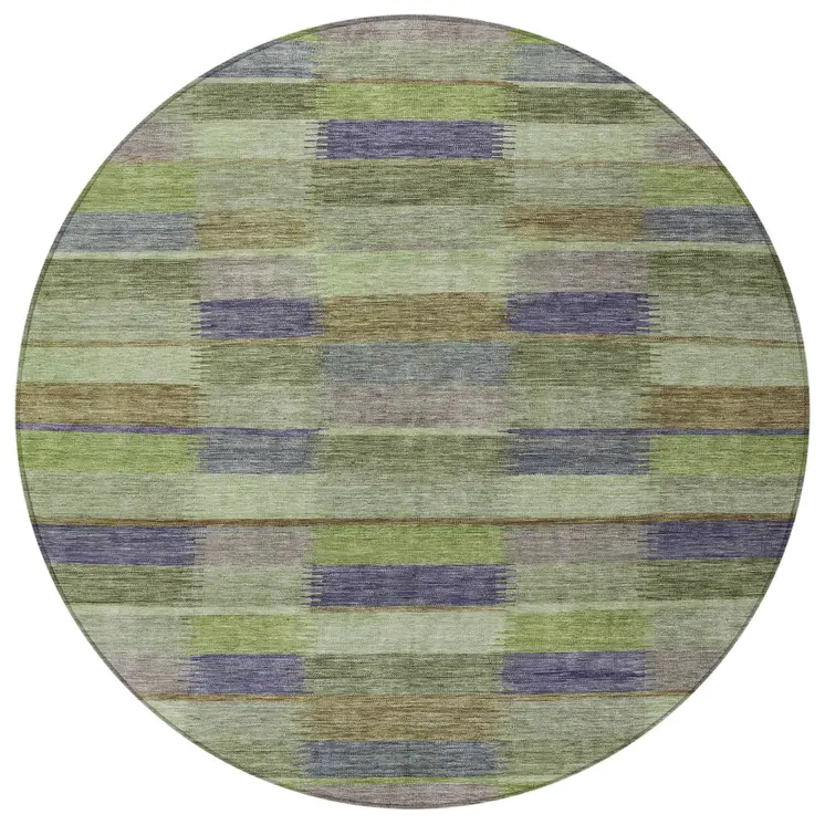 8' Artichoke Green Purple And Mint Green Round Striped Washable Indoor Outdoor Area Rug