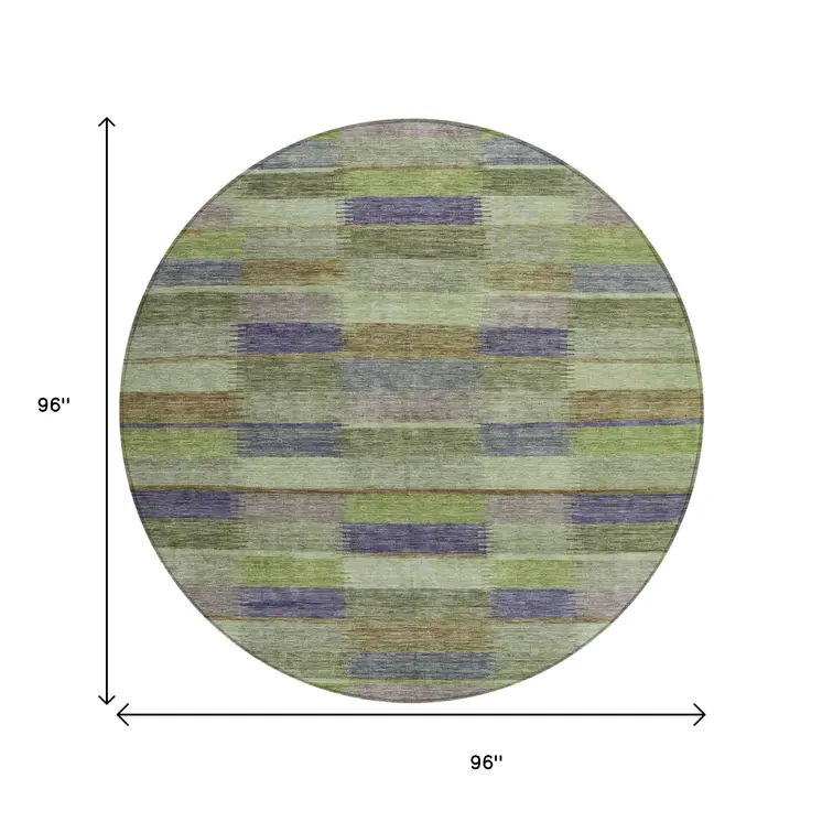 8' Artichoke Green Purple And Mint Green Round Striped Washable Indoor Outdoor Area Rug