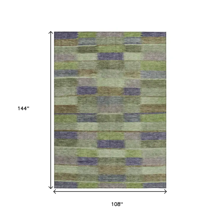 9' X 12' Artichoke Green Purple And Mint Green Striped Washable Indoor Outdoor Area Rug