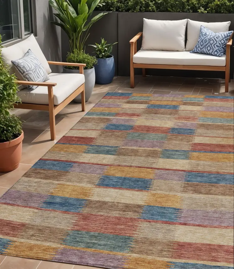 5' X 8' Beige Blue And Gold Striped Washable Indoor Outdoor Area Rug
