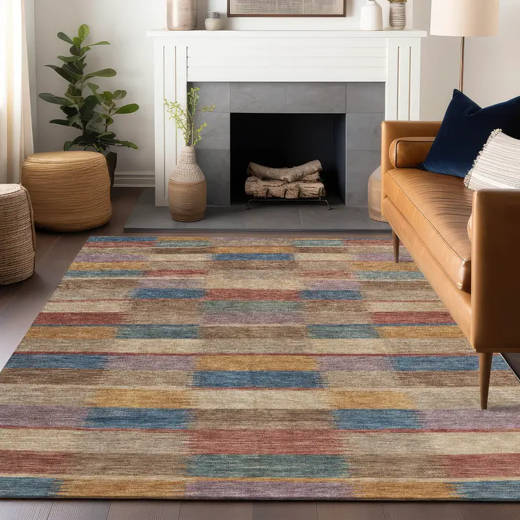 5' X 8' Beige Blue And Gold Striped Washable Indoor Outdoor Area Rug