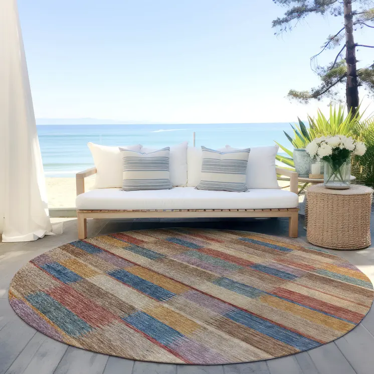 8' Beige Blue And Gold Round Striped Washable Indoor Outdoor Area Rug