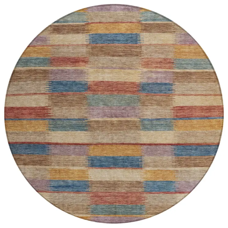 8' Beige Blue And Gold Round Striped Washable Indoor Outdoor Area Rug