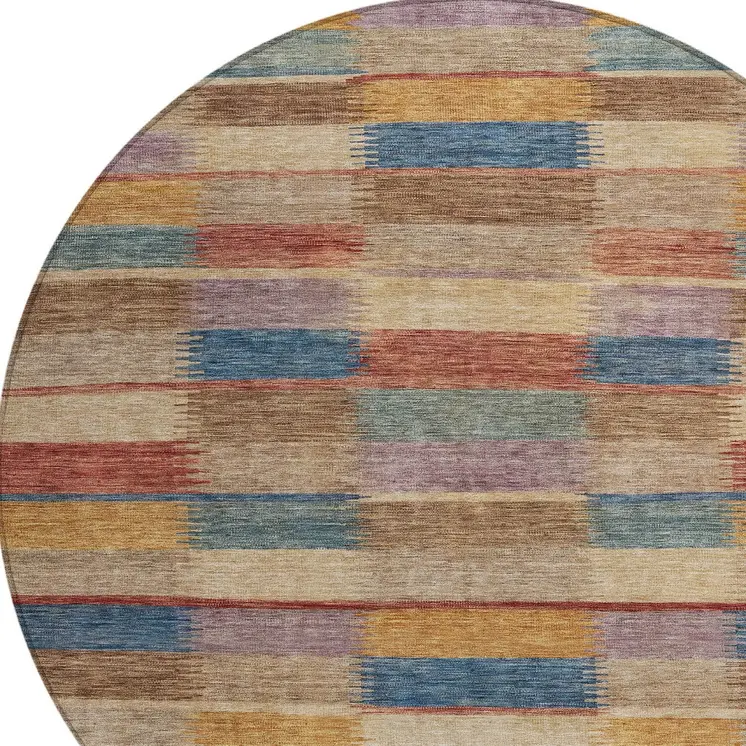 8' Beige Blue And Gold Round Striped Washable Indoor Outdoor Area Rug