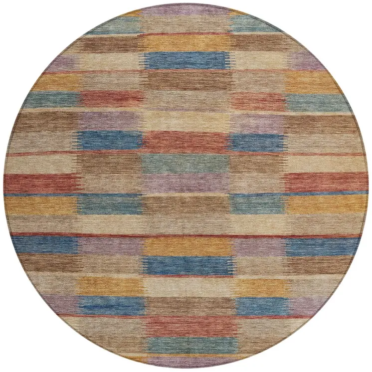 8' Beige Blue And Gold Round Striped Washable Indoor Outdoor Area Rug