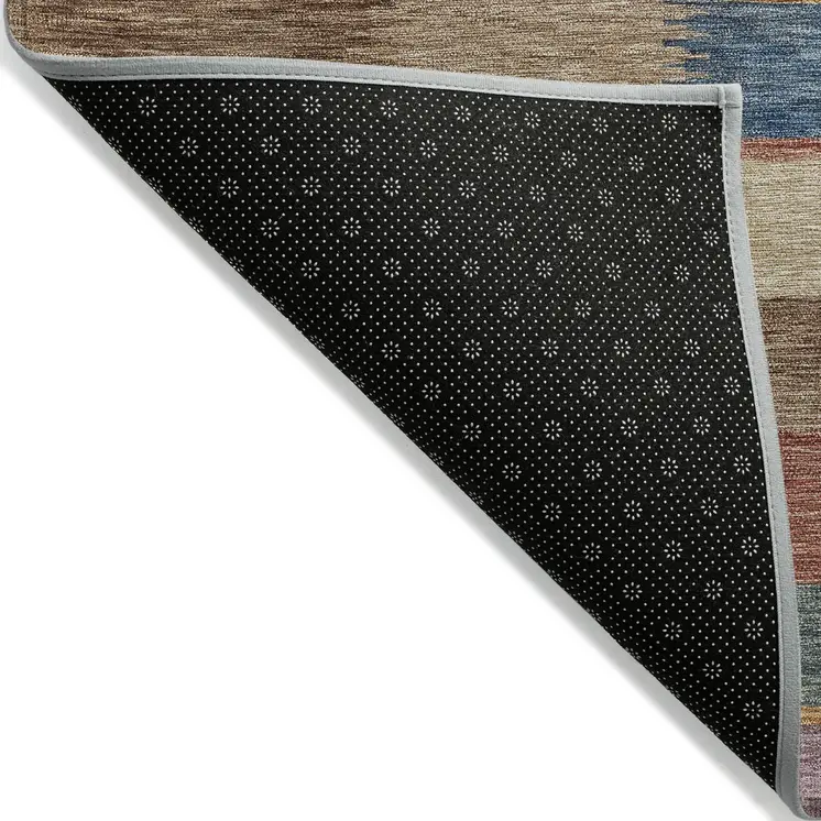 8' X 10' Beige Blue And Gold Striped Washable Indoor Outdoor Area Rug