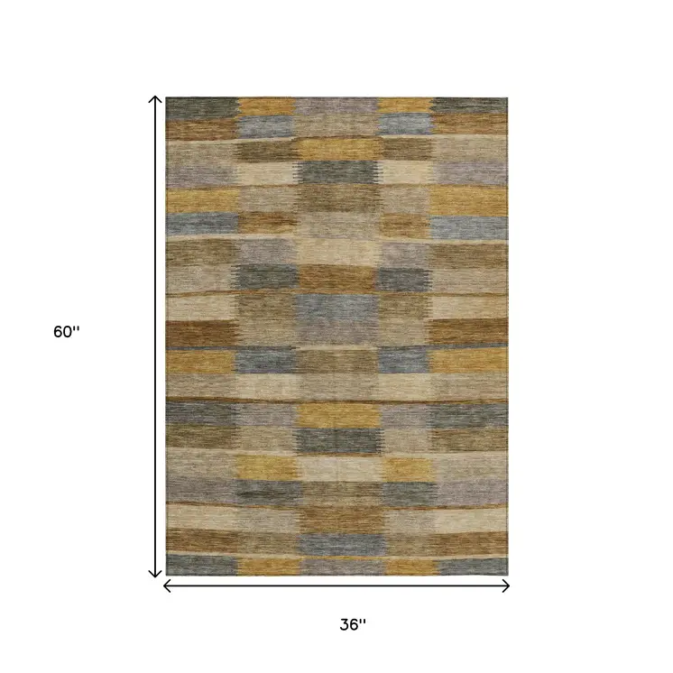 3' X 5' Brown Taupe And Gold Striped Washable Indoor Outdoor Area Rug
