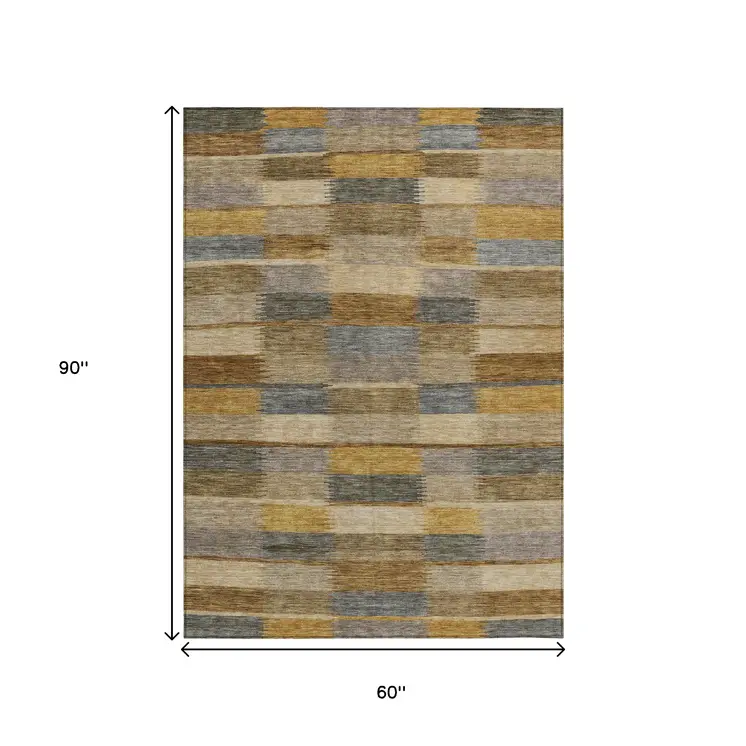 5' X 8' Brown Taupe And Gold Striped Washable Indoor Outdoor Area Rug