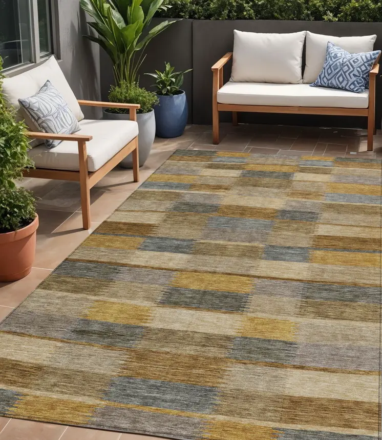 5' X 8' Brown Taupe And Gold Striped Washable Indoor Outdoor Area Rug