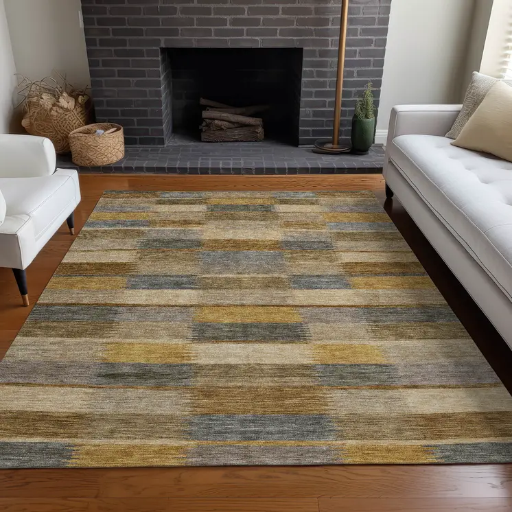 5' X 8' Brown Taupe And Gold Striped Washable Indoor Outdoor Area Rug