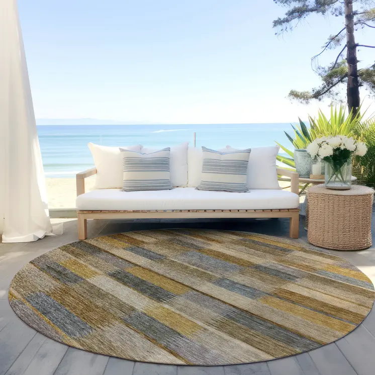 8' Brown Taupe And Gold Round Striped Washable Indoor Outdoor Area Rug