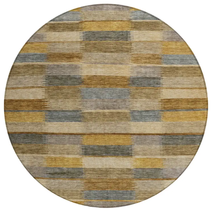 8' Brown Taupe And Gold Round Striped Washable Indoor Outdoor Area Rug