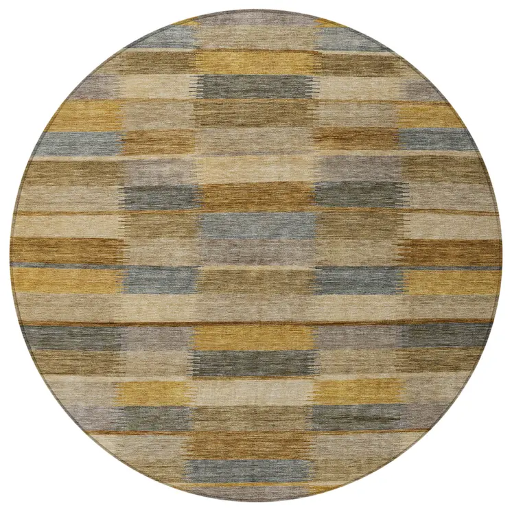 8' Brown Taupe And Gold Round Striped Washable Indoor Outdoor Area Rug