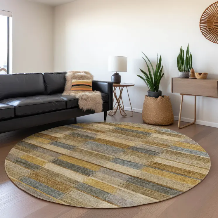 8' Brown Taupe And Gold Round Striped Washable Indoor Outdoor Area Rug