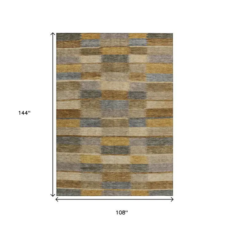 9' X 12' Brown Taupe And Gold Striped Washable Indoor Outdoor Area Rug