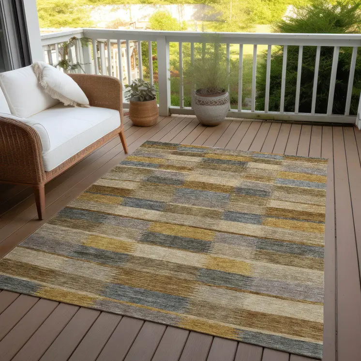 9' X 12' Brown Taupe And Gold Striped Washable Indoor Outdoor Area Rug