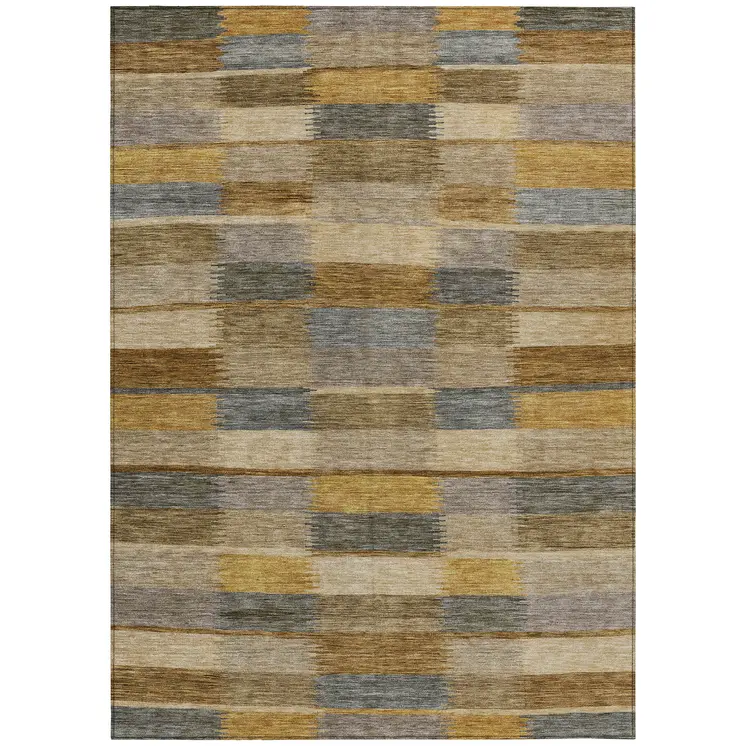 9' X 12' Brown Taupe And Gold Striped Washable Indoor Outdoor Area Rug