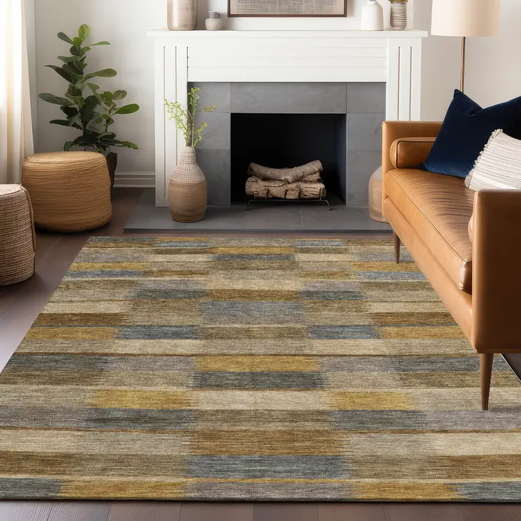 9' X 12' Brown Taupe And Gold Striped Washable Indoor Outdoor Area Rug