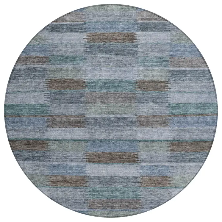 8' Blue Denim Blue And Brown Round Striped Washable Indoor Outdoor Area Rug