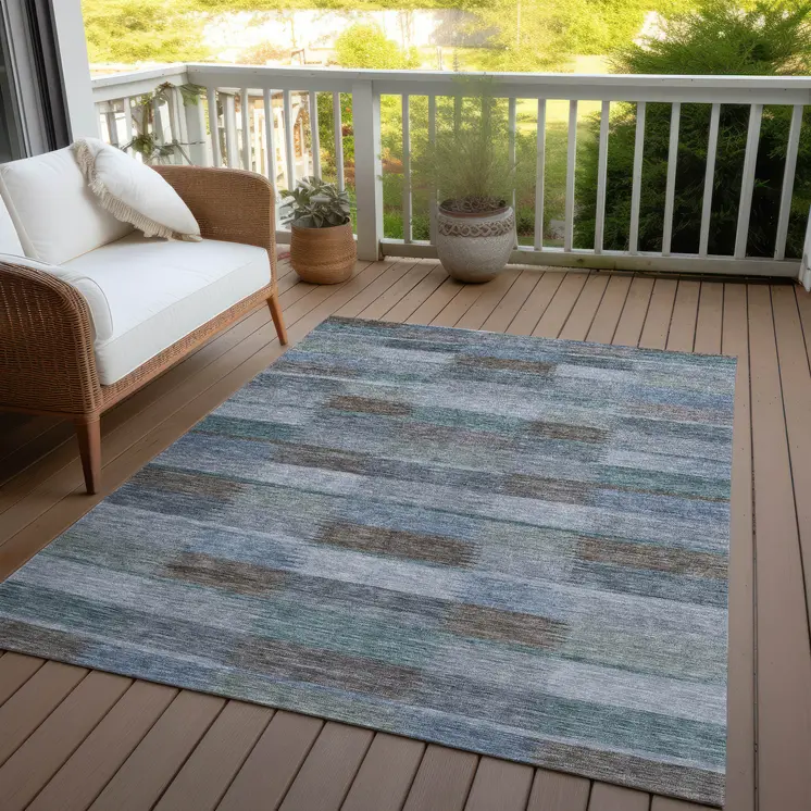 10' X 14' Blue Denim Blue And Brown Striped Washable Indoor Outdoor Area Rug