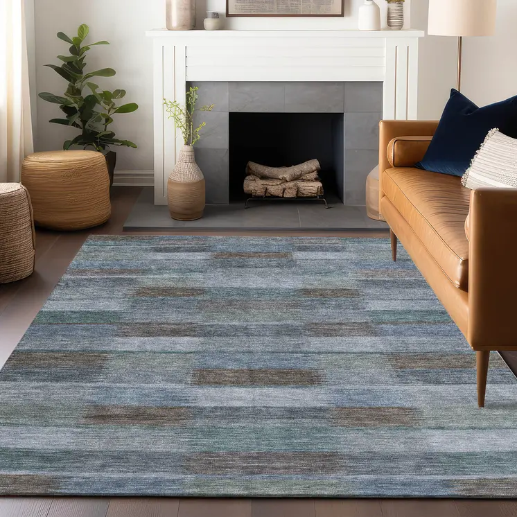 10' X 14' Blue Denim Blue And Brown Striped Washable Indoor Outdoor Area Rug