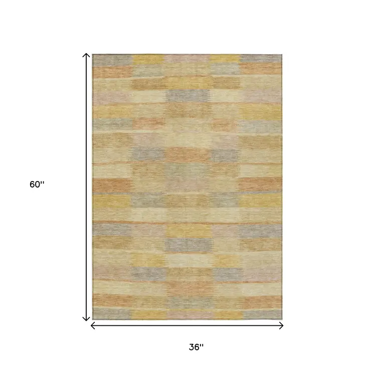 3' X 5' Wheat Beige And Gold Striped Washable Indoor Outdoor Area Rug