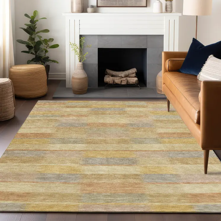3' X 5' Wheat Beige And Gold Striped Washable Indoor Outdoor Area Rug