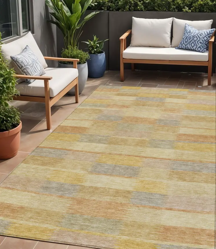 5' X 8' Wheat Beige And Gold Striped Washable Indoor Outdoor Area Rug
