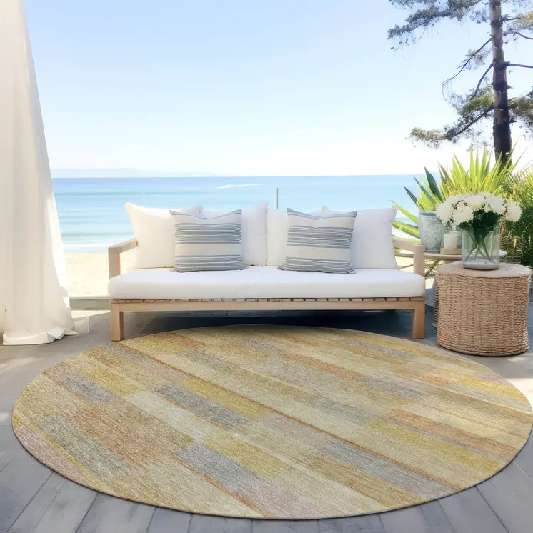 8' Wheat Beige And Gold Round Striped Washable Indoor Outdoor Area Rug