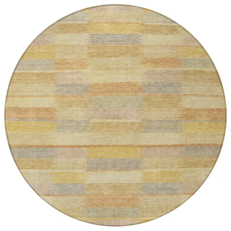 8' Wheat Beige And Gold Round Striped Washable Indoor Outdoor Area Rug