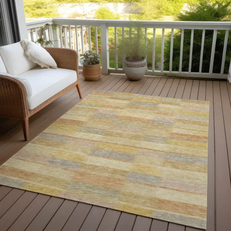 10' X 14' Wheat Beige And Gold Striped Washable Indoor Outdoor Area Rug