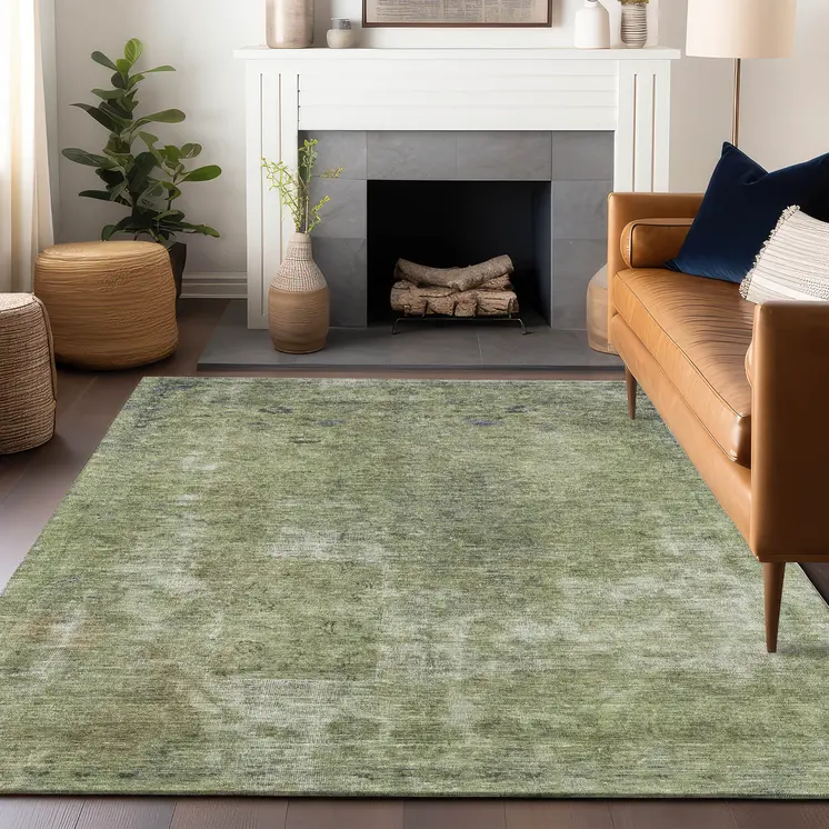 3' X 5' Artichoke Green And Beige Abstract Washable Indoor Outdoor Area Rug
