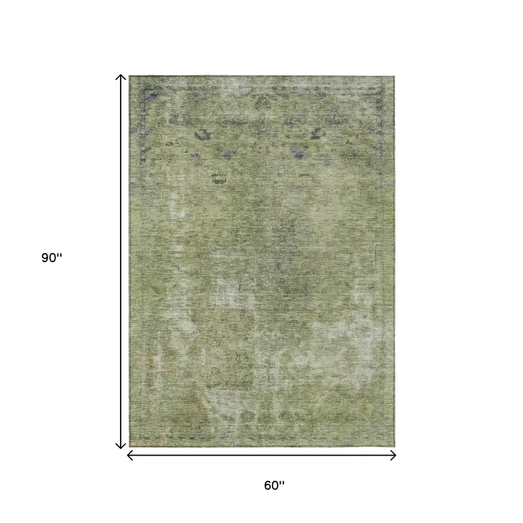 5' X 8' Artichoke Green And Beige Abstract Washable Indoor Outdoor Area Rug