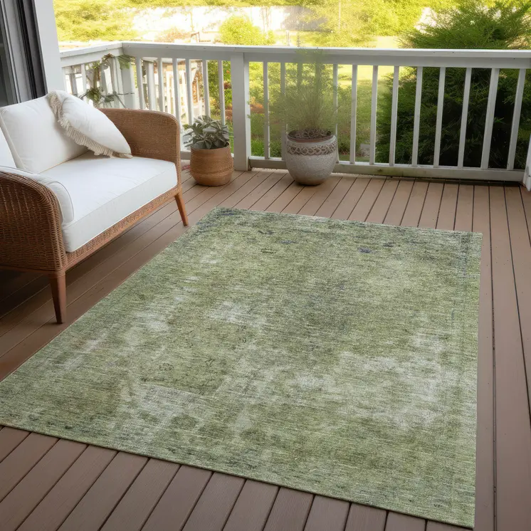 5' X 8' Artichoke Green And Beige Abstract Washable Indoor Outdoor Area Rug