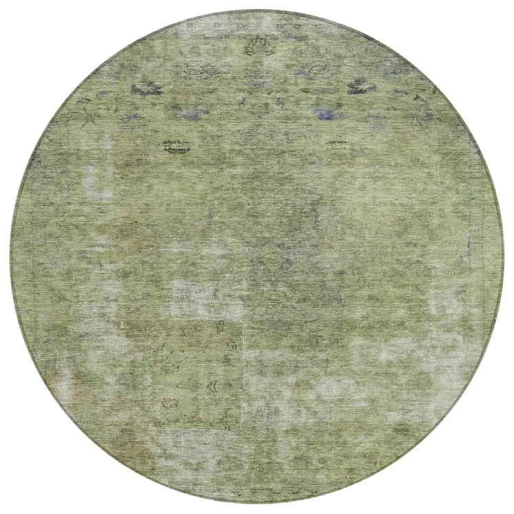 8' Artichoke Green And Beige Round Abstract Washable Indoor Outdoor Area Rug