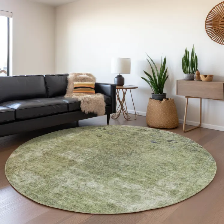 8' Artichoke Green And Beige Round Abstract Washable Indoor Outdoor Area Rug