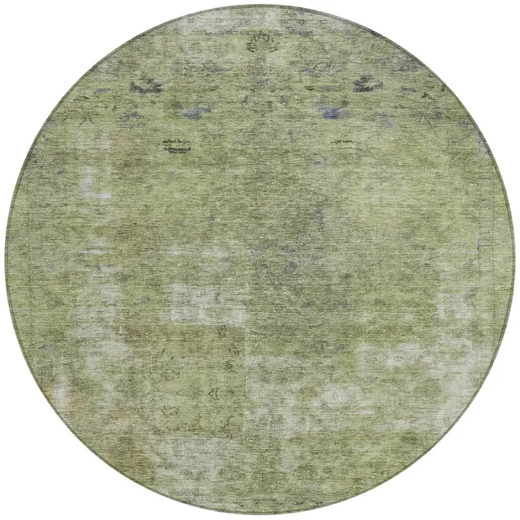 8' Artichoke Green And Beige Round Abstract Washable Indoor Outdoor Area Rug