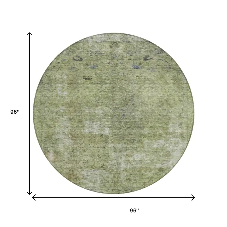 8' Artichoke Green And Beige Round Abstract Washable Indoor Outdoor Area Rug
