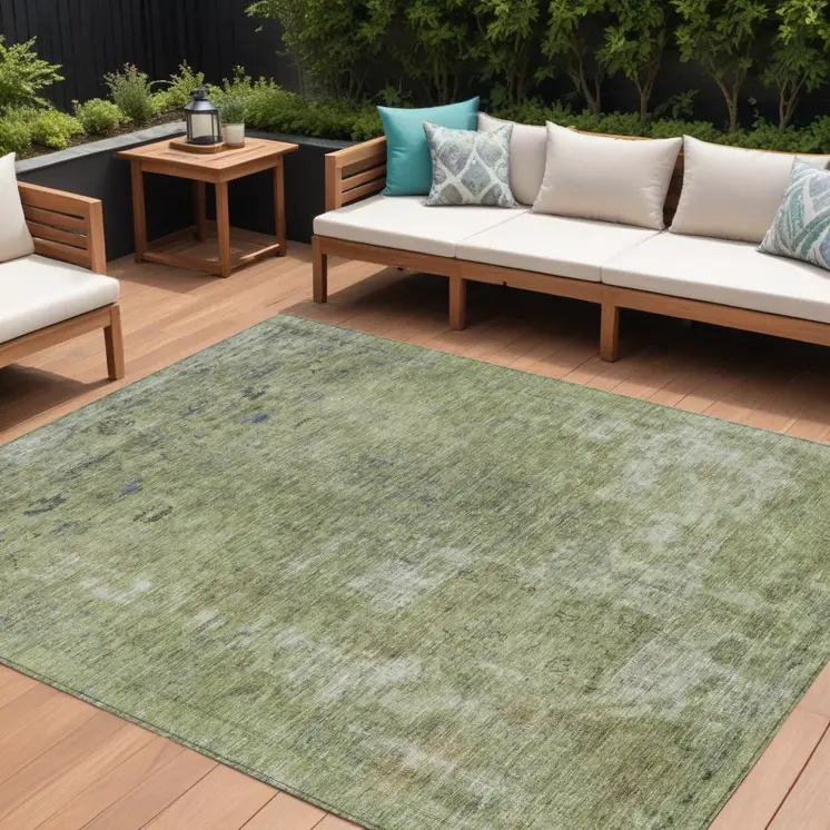 8' X 10' Artichoke Green And Beige Abstract Washable Indoor Outdoor Area Rug